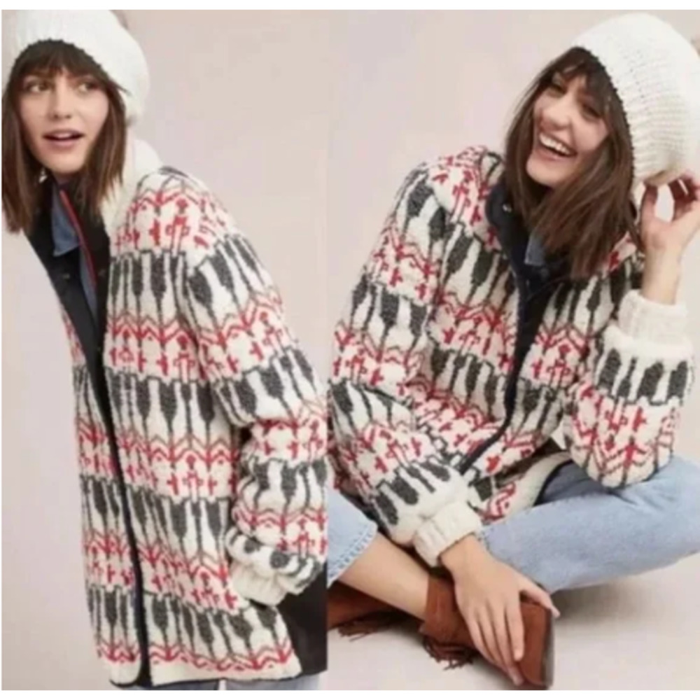 Anthropologie | Sleeping On Snow Nordic Intarsia Sherpa Jacket Ivory Red Blue XL